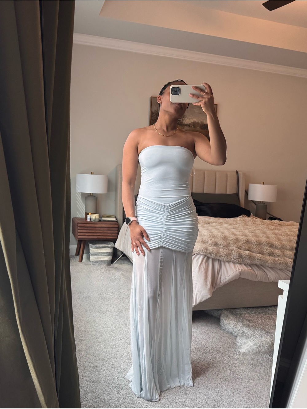 Meshki Off-Shoulder Pale Blue Ruched Mesh Gown - Picture 5 of 6